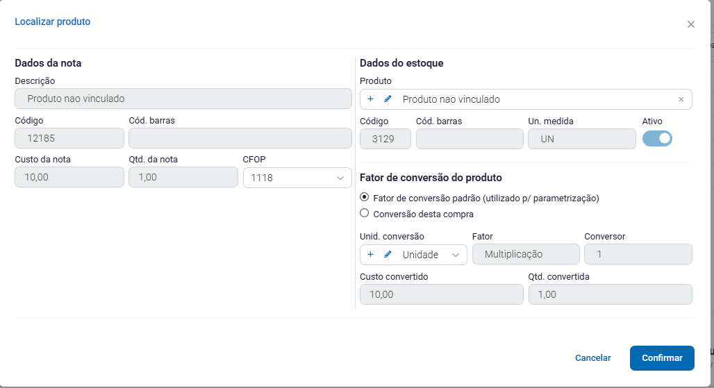 Localizar produto e definir fator de conversão