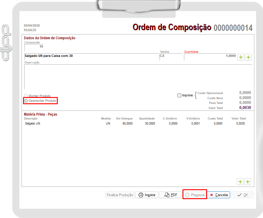 Opção Desmontar Produto