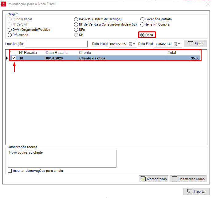 Importando a receita da ótica