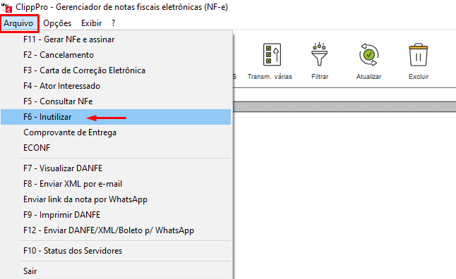 Inutilizar pelo menu Arquivo