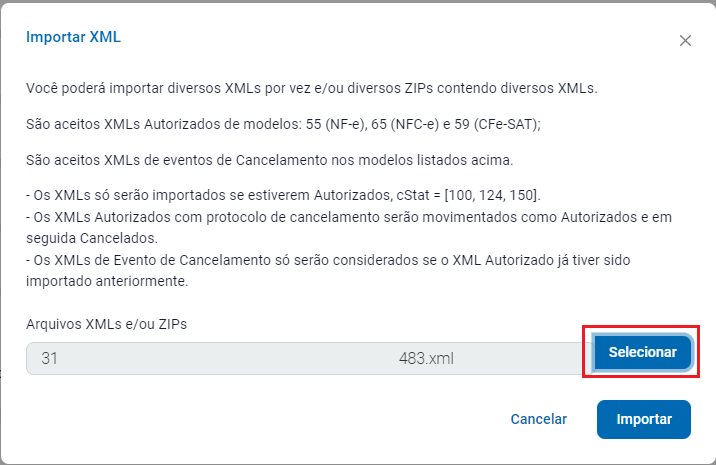 Selecionar e importar o XML