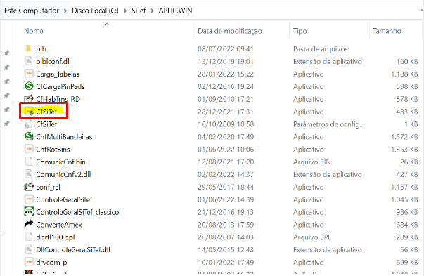 Aplicativo CfSitef na pasta APLIC.WIN