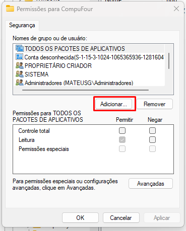 Botao Adicionar permissoes