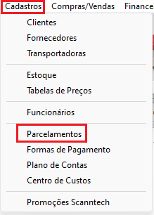 Menu Cadastros Parcelamentos
