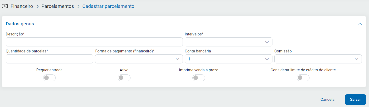 Tela de cadastro da forma de pagamento