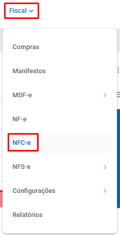 Menu Fiscal NFC-e no ZetaWeb