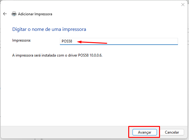 Nome POS58 da impressora