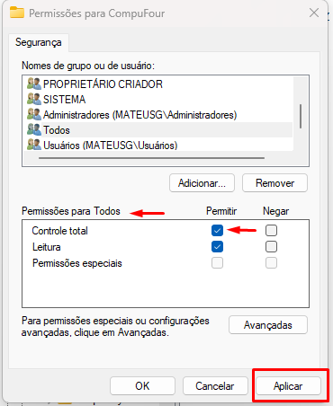 Permissoes aplicadas