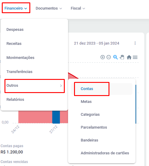 Menu Contas no ZetaWeb