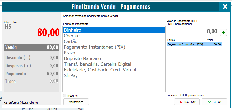 Forma de pagamento PIX na venda