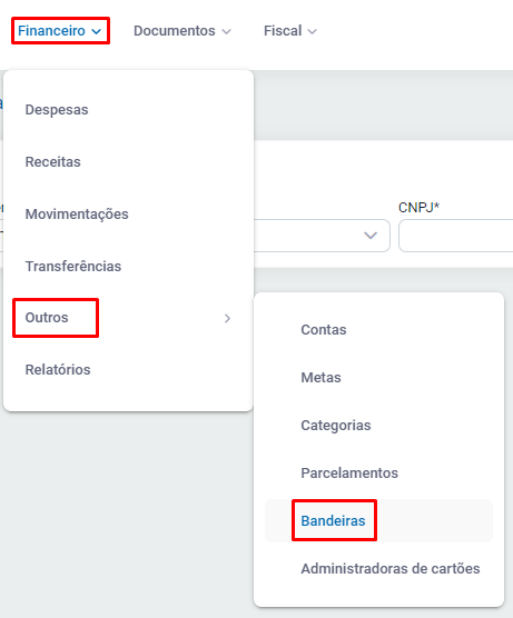 Menu de cadastro de bandeiras