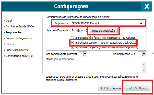 Configuração de impressão no emissor de NFC-e