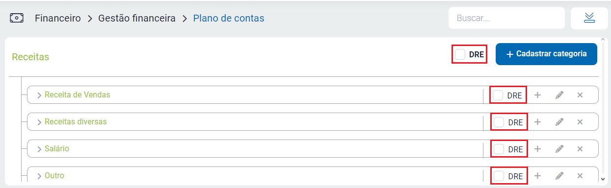 Marcar plano de contas no DRE