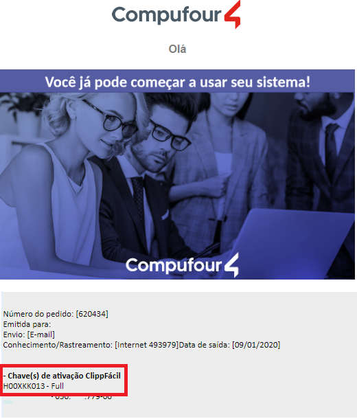 E-mail com a chave de ativação