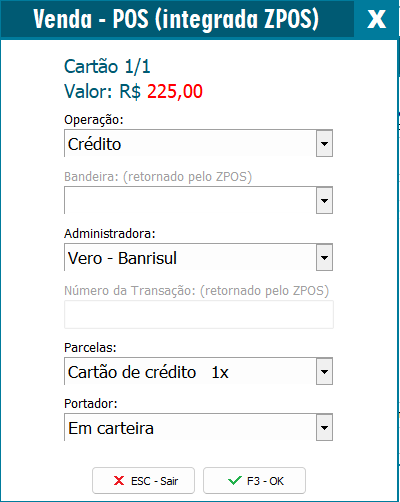 Operação do cartão na Venda POS ZPOS