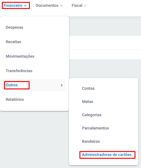 Menu de cadastro de administradoras