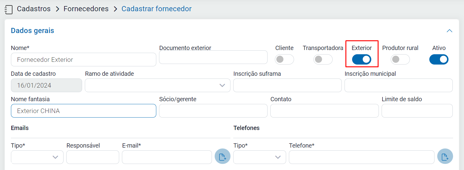 Fornecedor cadastrado como Exterior