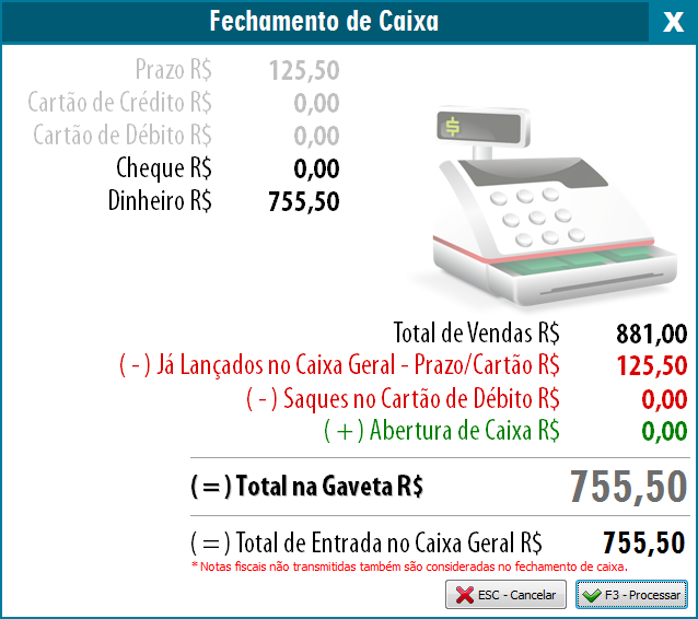 Tela de fechamento de caixa