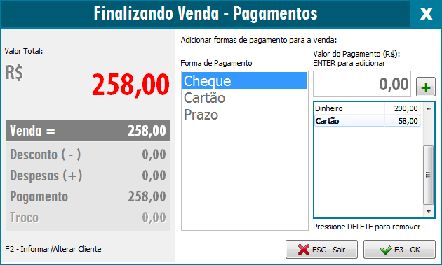 Venda cartão e dinheiro