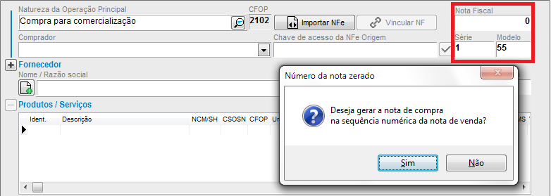 Nota de compra com número 0 e modelo 55