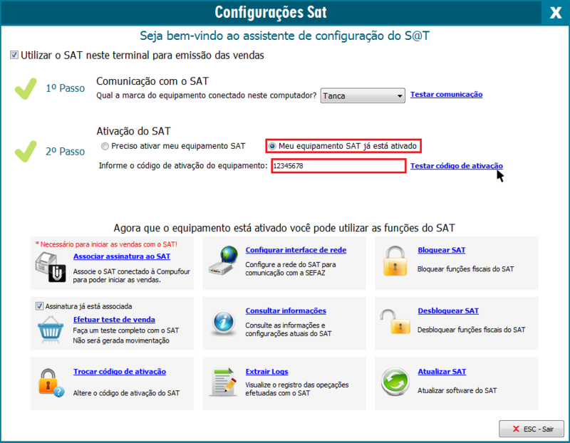 Testar código de ativação do SAT