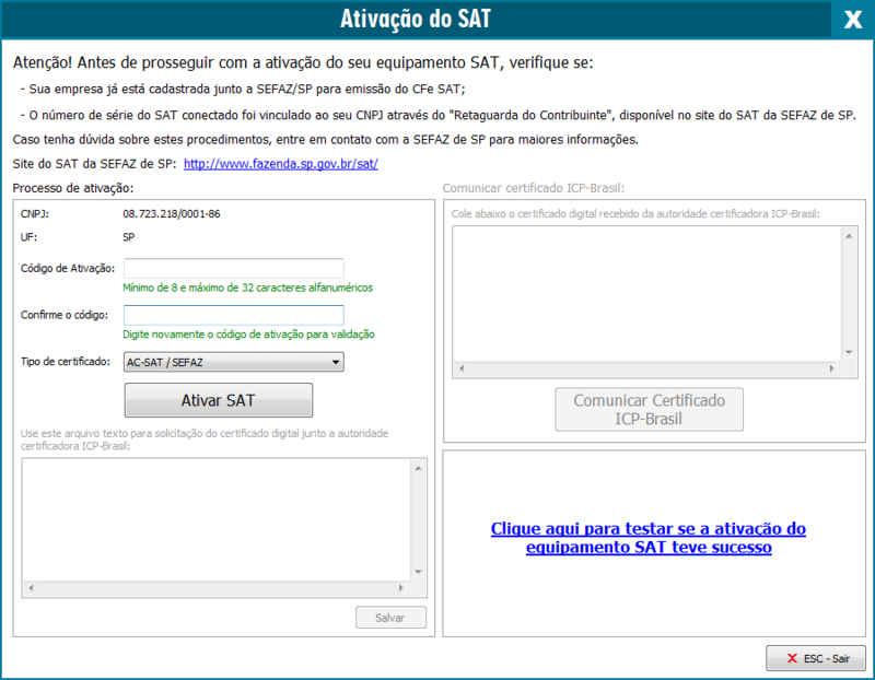 Instruções de ativação do SAT