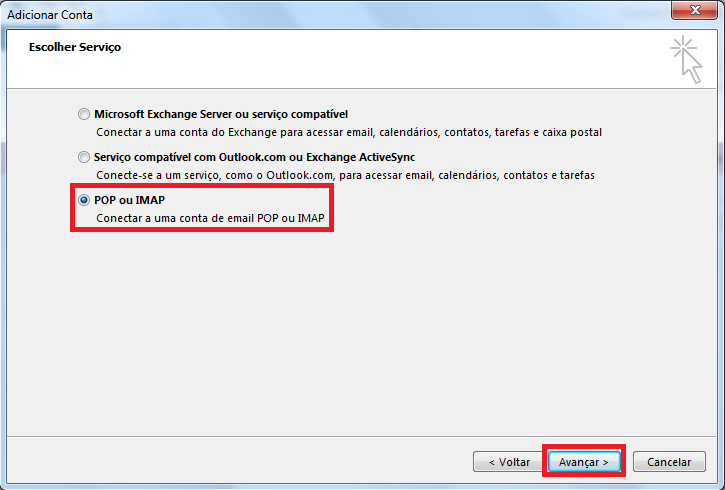 Escolher POP ou IMAP no Outlook
