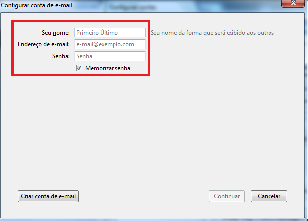 Dados da conta no Thunderbird