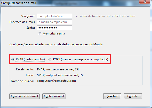 Configuração manual no Thunderbird