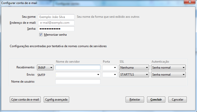 Configurações do servidor no Thunderbird