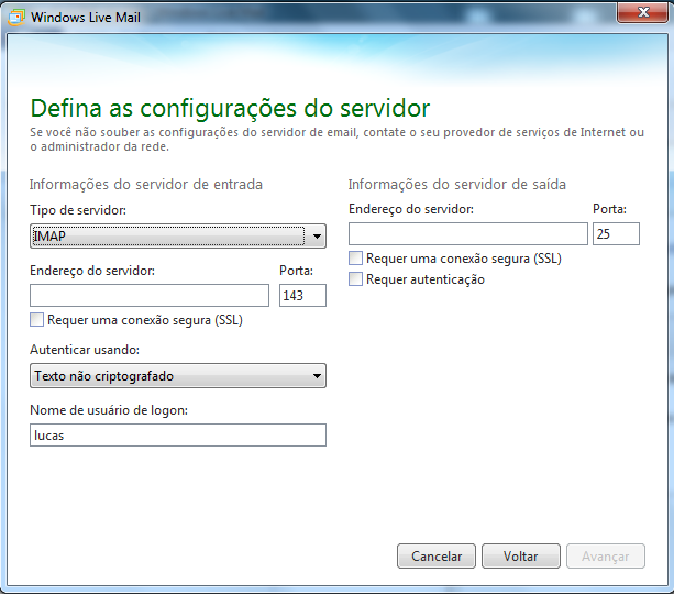 Servidor de entrada e saída no Windows Live Mail