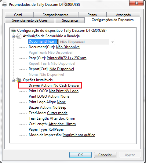 Configuração da gaveta na Tally Dascom