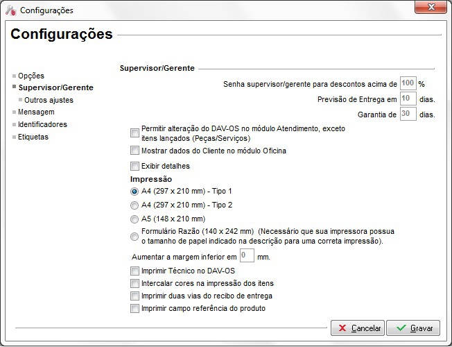 Configurações de supervisor e gerente