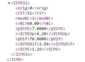 Exemplo de XML do ICMS diferido
