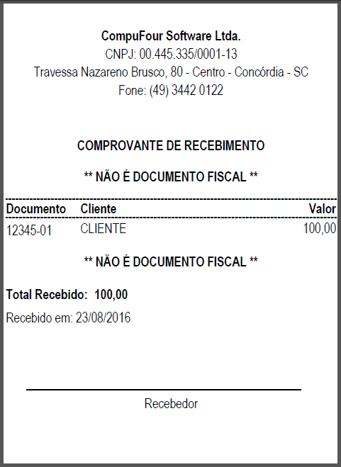 Exemplo de recibo impresso