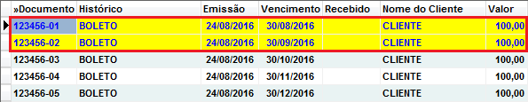 Contas marcadas em amarelo