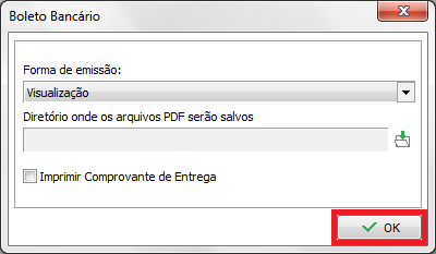 Janela de opções de geração dos boletos
