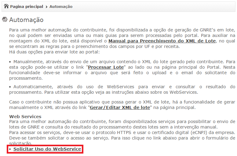 Solicitar uso do WebService da GNRE