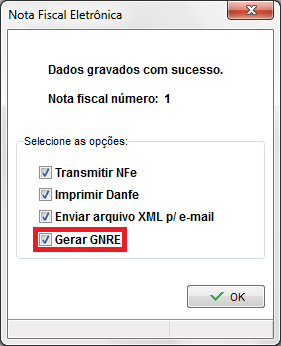 Opção Gerar GNRE ao finalizar a nota