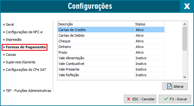 Formas de pagamento do SAT