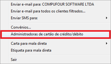 Menu de administradoras de cartão
