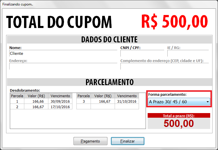 Forma de parcelamento no Cupom Fiscal