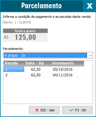 Definição do parcelamento da venda a prazo