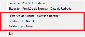 Relatórios no menu Arquivo