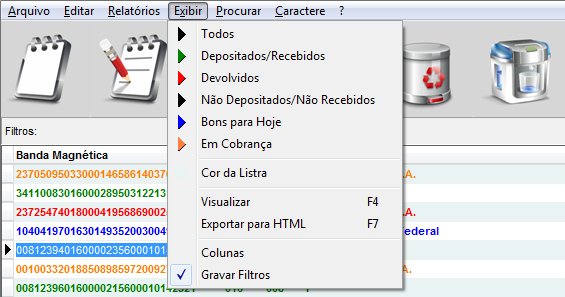 Menu Exibir com filtros por status