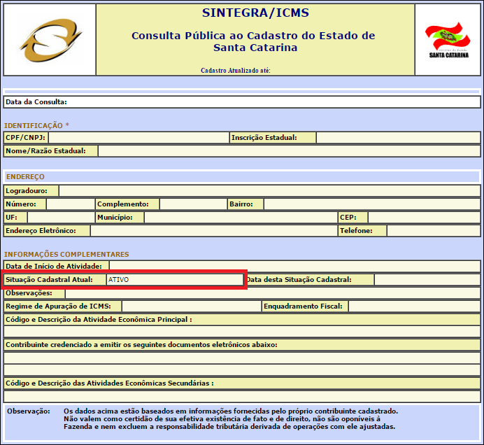 Situação cadastral no Sintegra