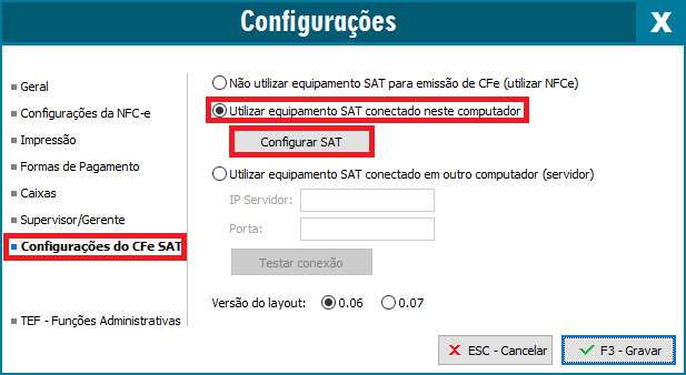 Configurações do CFe SAT