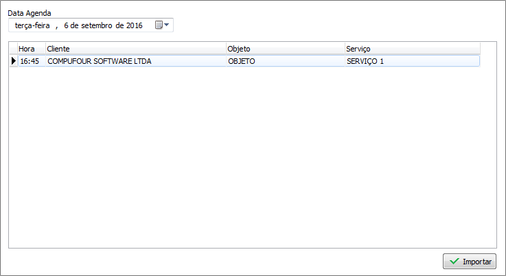 Janela de importação do agendamento