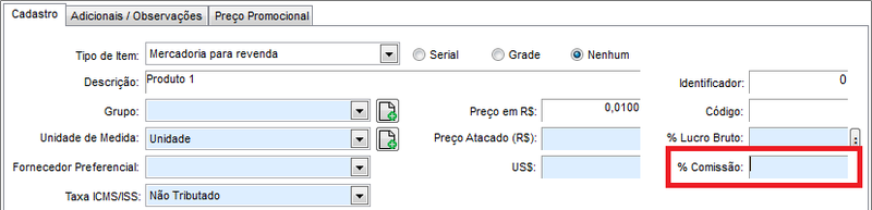 Campo % Comissão do item