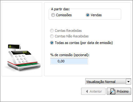 Opções do relatório de comissões